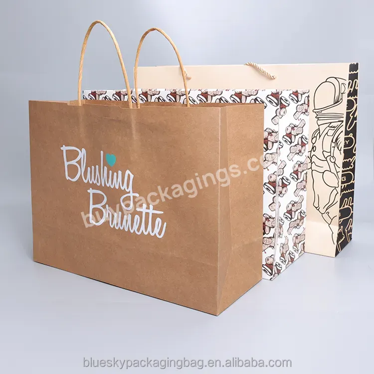 Blue Sky Custom Printed Logo Clothing Shopping Paper Bag Boutique Recyclable Paper Bag Gift Bag Ribbon Rope