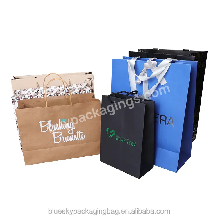 Blue Sky Custom Printed Logo Clothing Shopping Paper Bag Boutique Recyclable Paper Bag Gift Bag Ribbon Rope