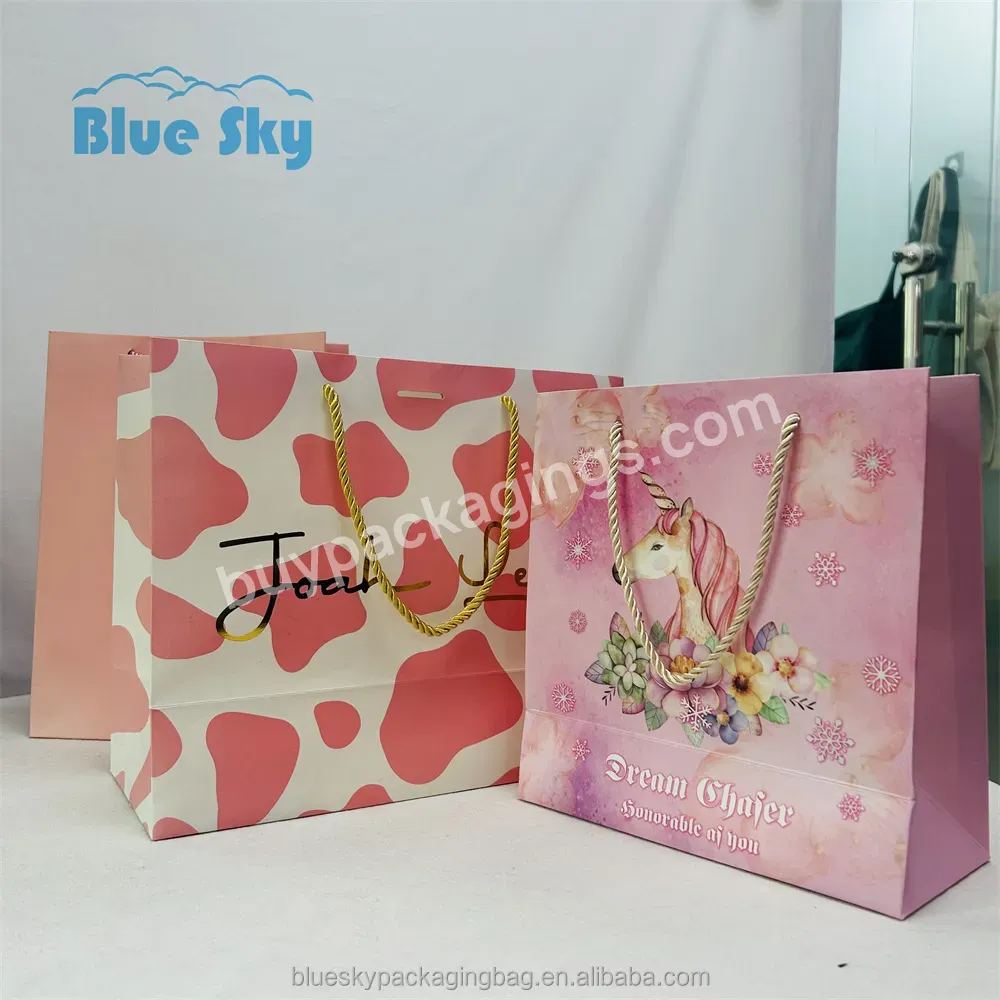 Blue Sky Luxury Paper Bag Custom Printed Logo Gift Paper Shopping Bag With Your Own Logo,Sweet Pink Custom Paper Bag Treatment