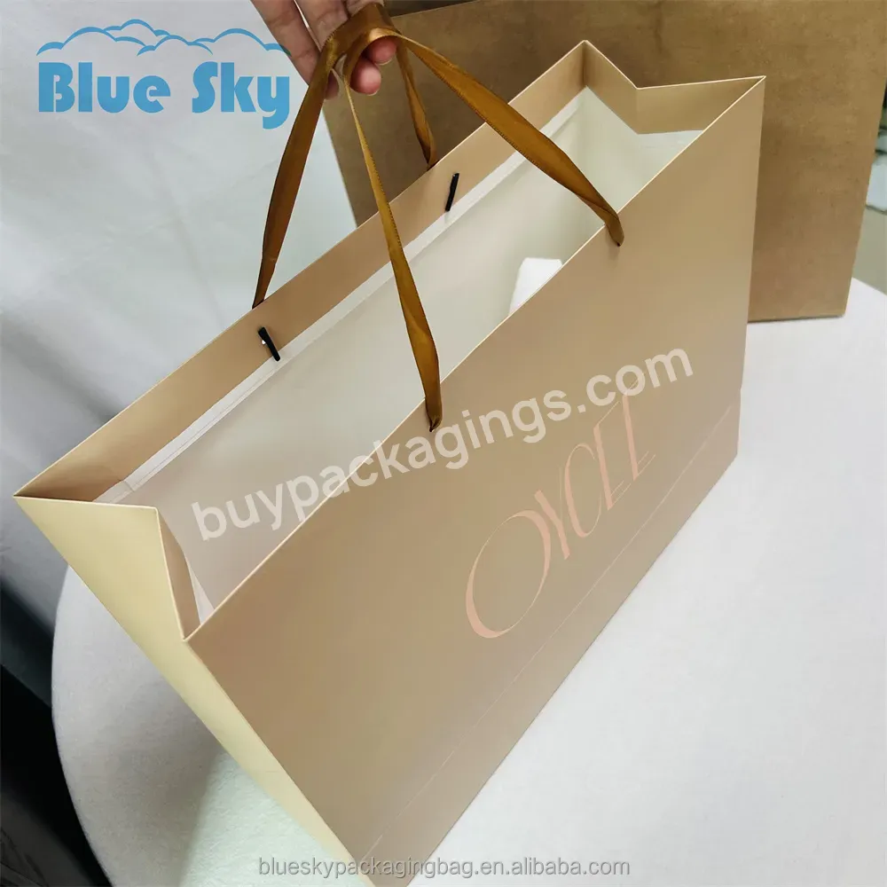 Blue Sky Luxury Paper Bag Custom Printed Logo Luxury Clothing Shopping Paper Bag Boutique Recyclable Gift Bag Ribbon Rope