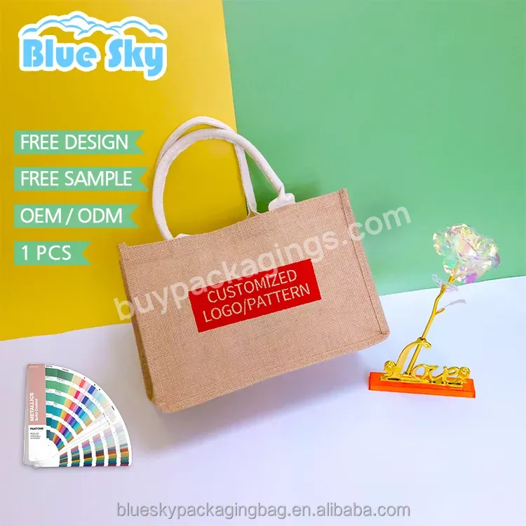 Blue Sky Rope Handling Wholesale Jute Shopping Bags Custom Logo Printed Canvas Linen Tote Bag Eco-friendly Burlap Tote Bag