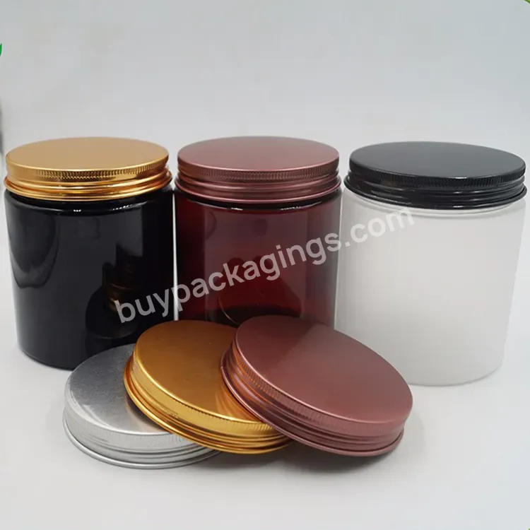 Body Scrub Container Sugar Butter Packaging Clear Amber Black Frosted 200 Ml Plastic Jar With Silver Gold Bronze Aluminium Lids