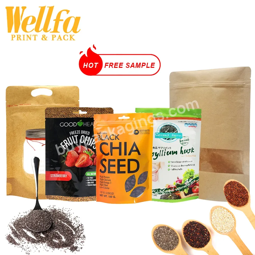 Bolsa Custom Print 100g 250g 500g Resealable Zipper Food Plastic Packaging Mylar Bags Nuts Chia Seeds Stand Up Pouch With Window