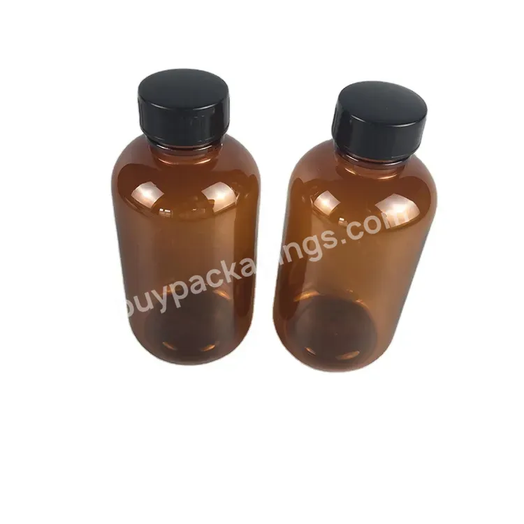 Boston Shape Brown Plastic Pet Bottle With Black Lids 150ml For Essential Oil