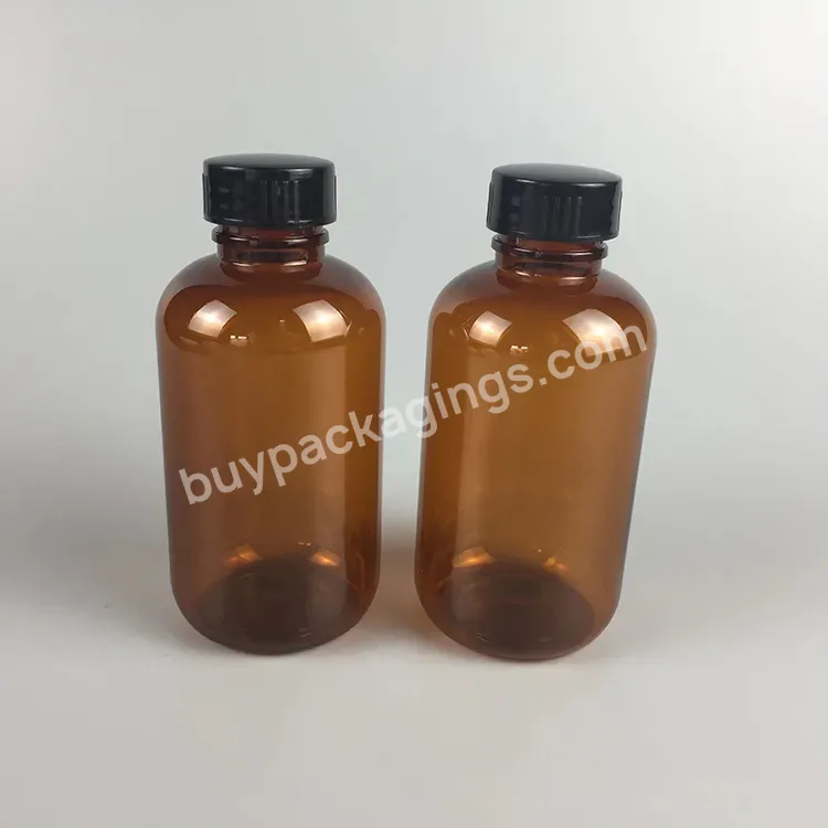 Boston Shape Brown Plastic Pet Bottle With Black Lids 150ml For Essential Oil