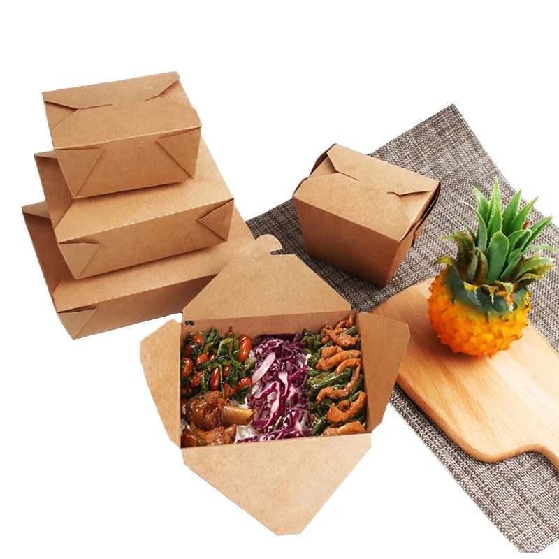 Brown Eco Friendly Kraft Paper Lunch Box Custom Takeaway Fruit Salad Burger Disposable Fast Food Packaging Box With Tear-off Lid