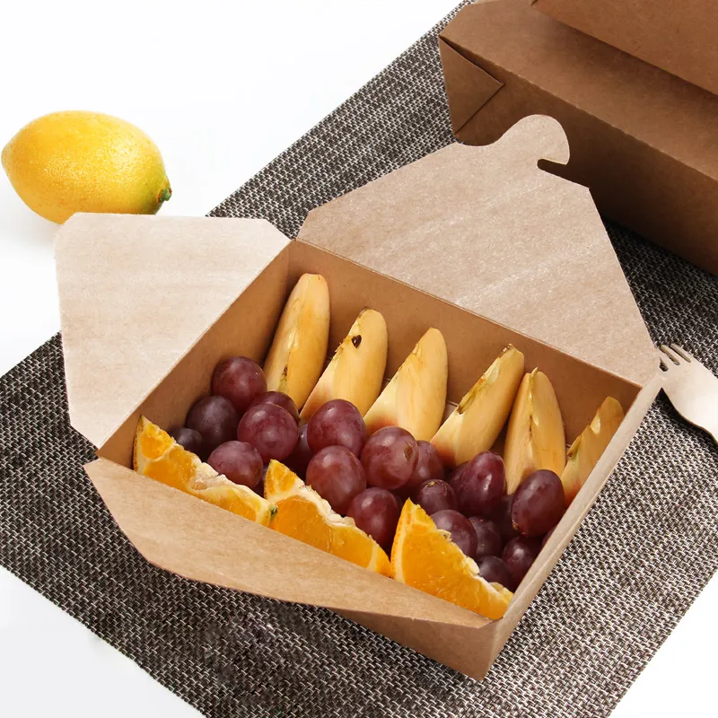 Brown Eco Friendly Kraft Paper Lunch Box Custom Takeaway Fruit Salad Burger Disposable Fast Food Packaging Box With Tear-off Lid