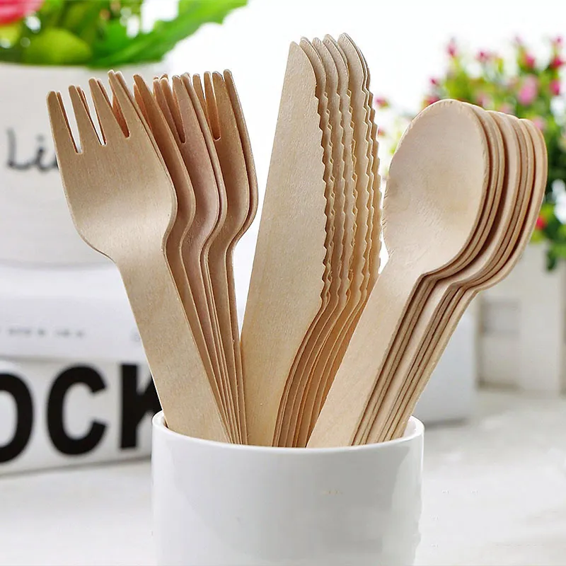 Bulk Biodegradable Birch Tableware Disposable Wood Spoon Forks Knives Wooden Cutlery Set Custom Printed Logo Natural Party