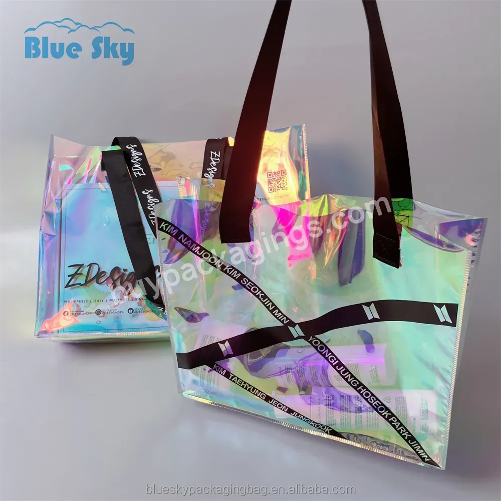 Bulk Custom Full Color Holographic Pvc Beach Tote Bag Transparent Laser Tote Bag Transparent Rainbow Shopping Bag With Logo