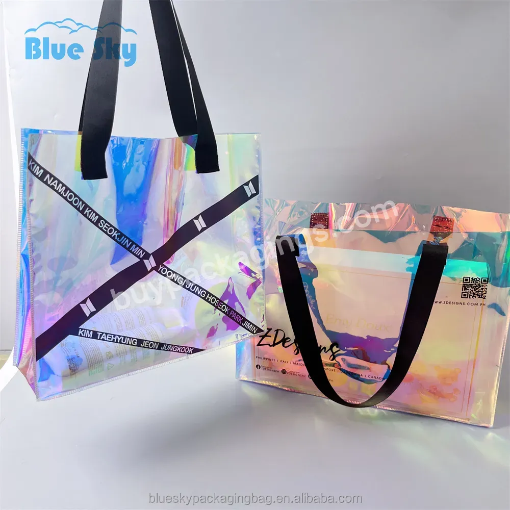 Bulk Custom Full Color Holographic Pvc Beach Tote Bag Transparent Laser Tote Bag Transparent Rainbow Shopping Bag With Logo