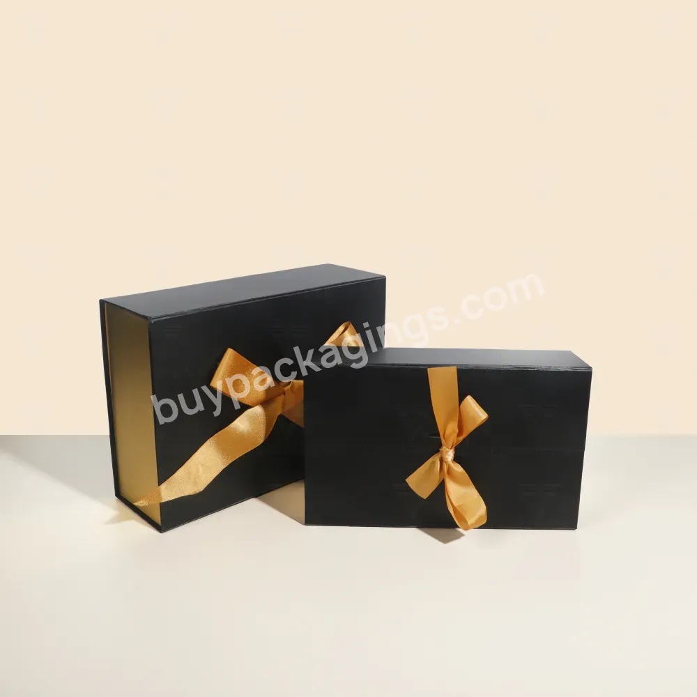 Cardboard Gift Packaging Magnetic Folding Box Custom Design Black Gold Large Rigid Paper Box For Wedding Dress