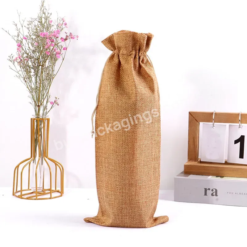 Cheap Eco Friendly Custom Logo Single Bottle Wine Packaging Burlap Cotton Jute Linen Wine Bag Natural Fabric Drawstring Bag