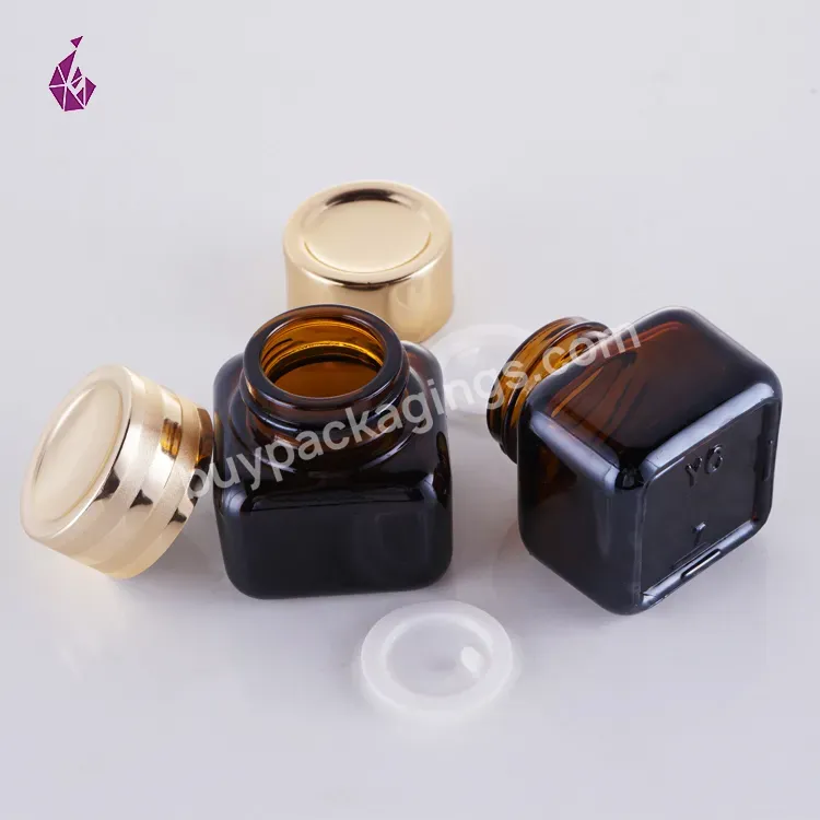 China Brown Glass Jar Gold Lid Skincare Square Amber Container Cosmetics Cream Glass Mini Jar