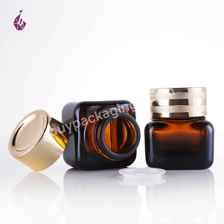 China Brown Glass Jar Gold Lid Skincare Square Amber Container Cosmetics Cream Glass Mini Jar