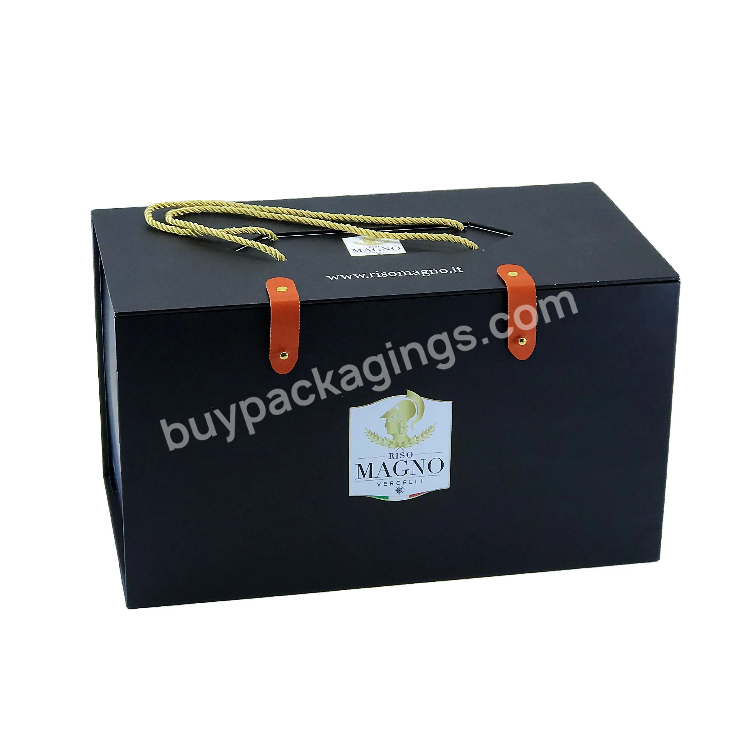 China Custom Luxury Matte Black Large Book Shape Box Cardboard Box With Pu Buckles Handle For Fruit Grains Rice Packaging Box
