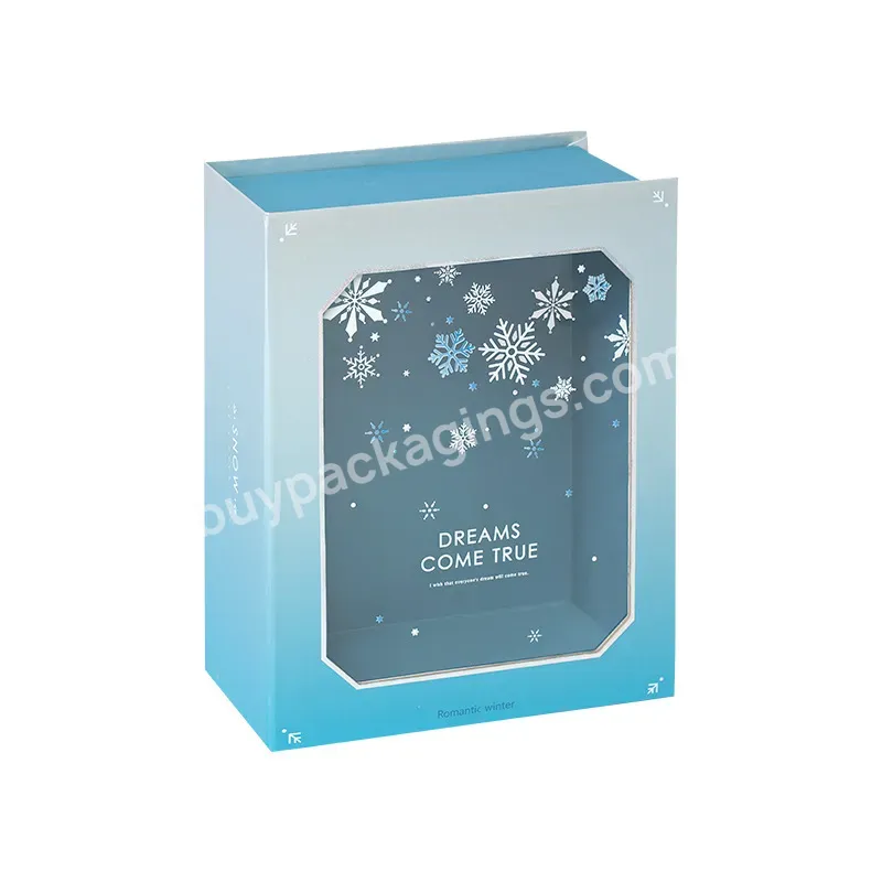 China Manufacture Transparent Window Lid Shining Blue Card Board Clear Storage Packing Box With Ribbon For Gift