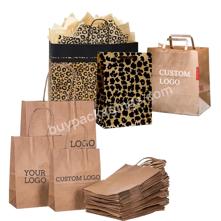 China Manufacturer Custom Logo Leopard Design Print Recycled Brown Kraft Paper Gift Bags Wholesale