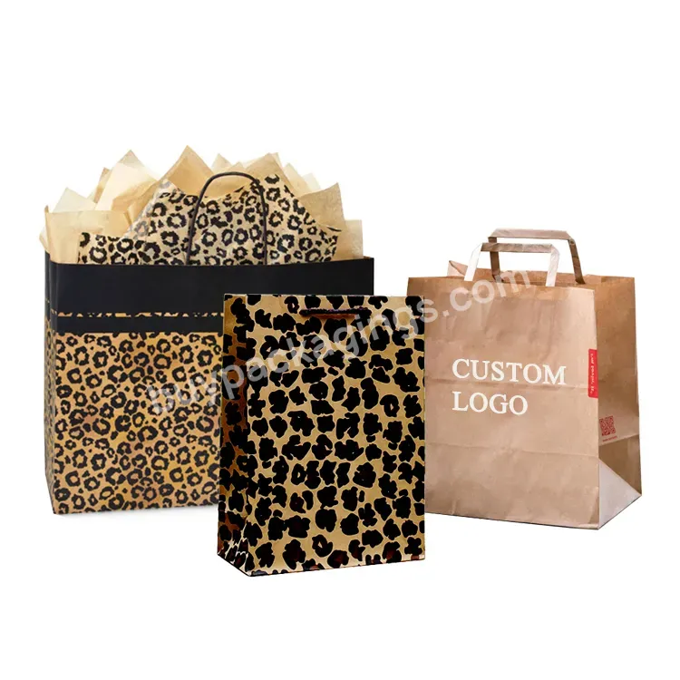 China Manufacturer Custom Logo Leopard Design Print Recycled Brown Kraft Paper Gift Bags Wholesale