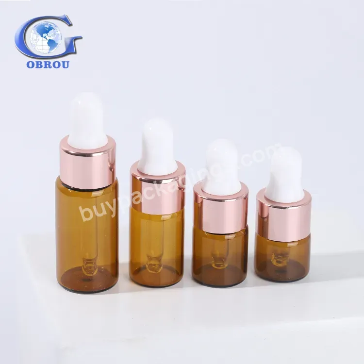 China Manufacturer Mini Size 1ml 2ml 3ml 5ml Amber Clear Rose Gold Glass Perfume Packaging Essential Oil Dropper Bottle