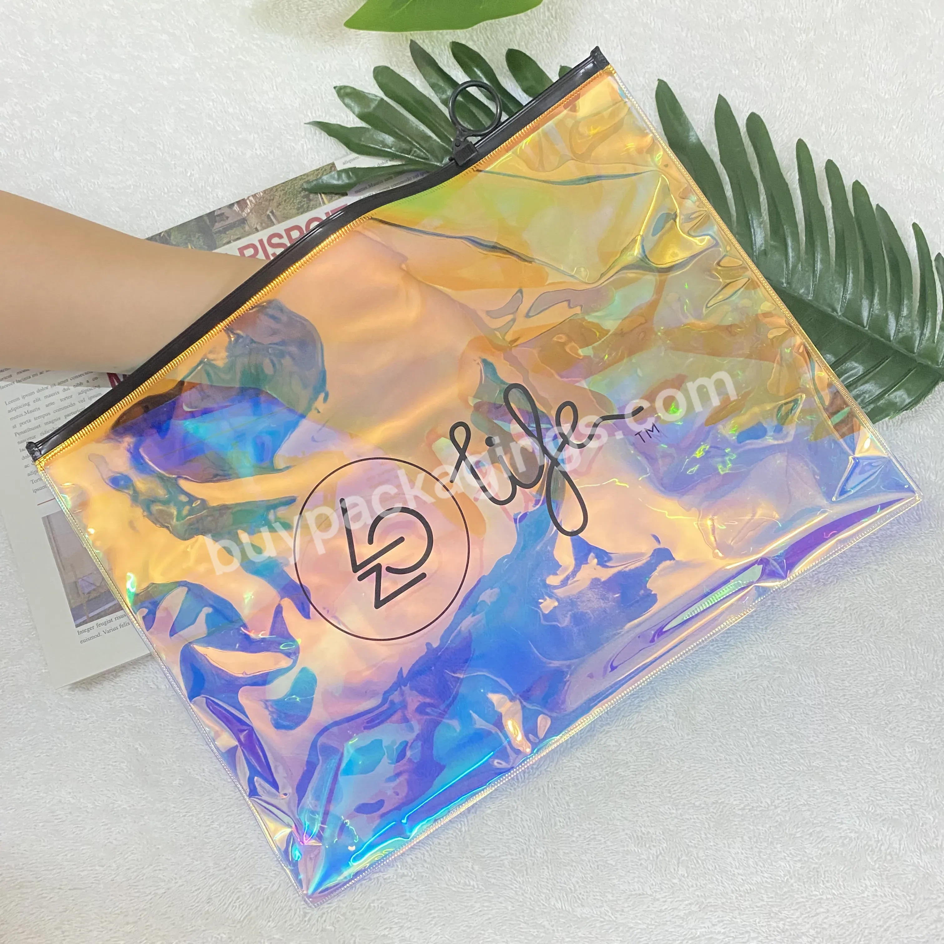 China Wholesale High Level Shiny Laser Pvc Zipper Bag Custom Size Logo Print Waterproof Plastic Packaging For Swimwear Of Brand