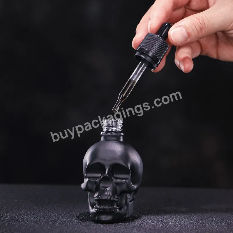 Classic Skull Shaped Vermouth Glass Dropper Bottle 1oz 2oz 120ml 30 Ml 60 Ml Frosted Black Skull Beard Oil Bottle Paper Box