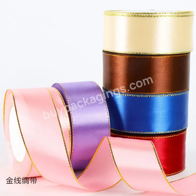 Classical 4cm*25y Bright Polyester Ribbon Solid Color Satin Ribbon Roll With Gold Edge