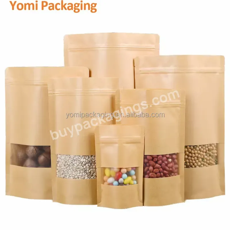 Clear Front Brown Kraft Paper Zip Lock Plastic Package Bag Doypack Stand Up Pouch Mylar Bag Reclosable Nuts Food Packaging