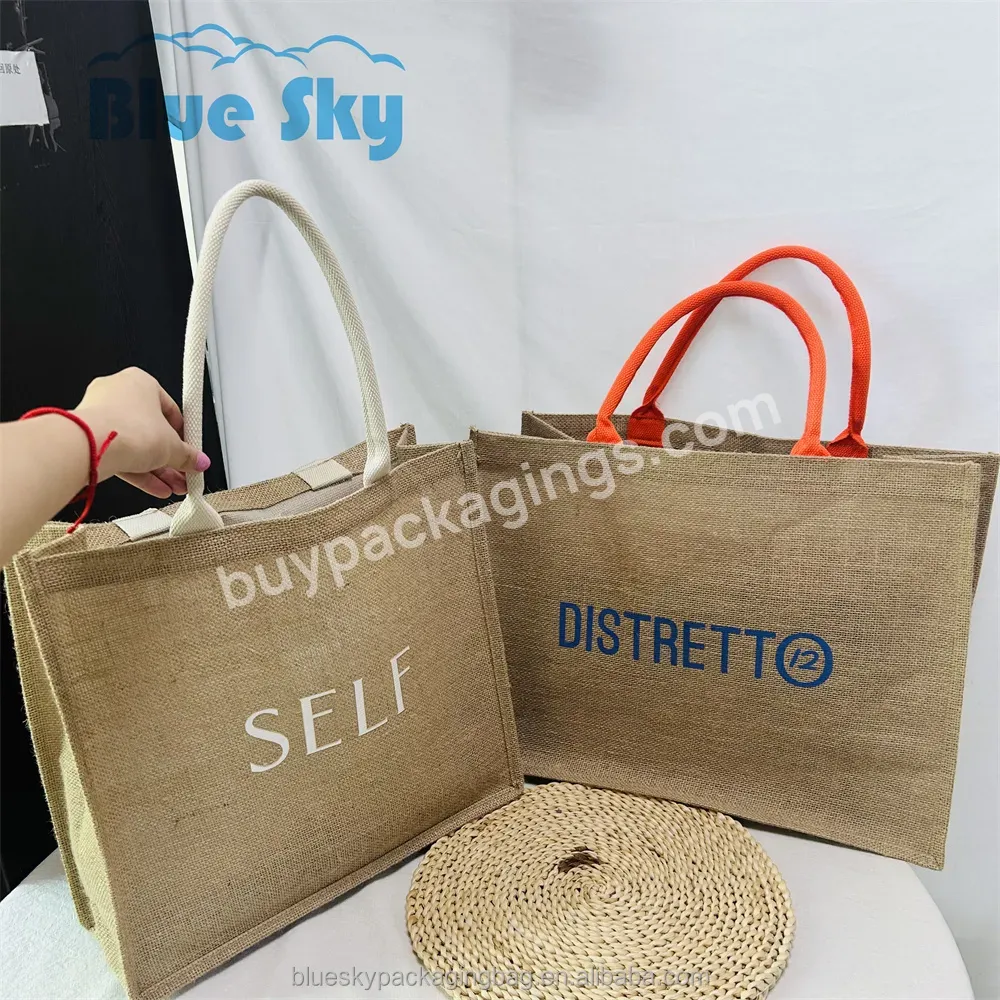 Color Handle Printed Rope Handling Jute Shopping Bag Custom Logo Printed Canvas Linen Tote Bag Environmental Friendly Tote Bag