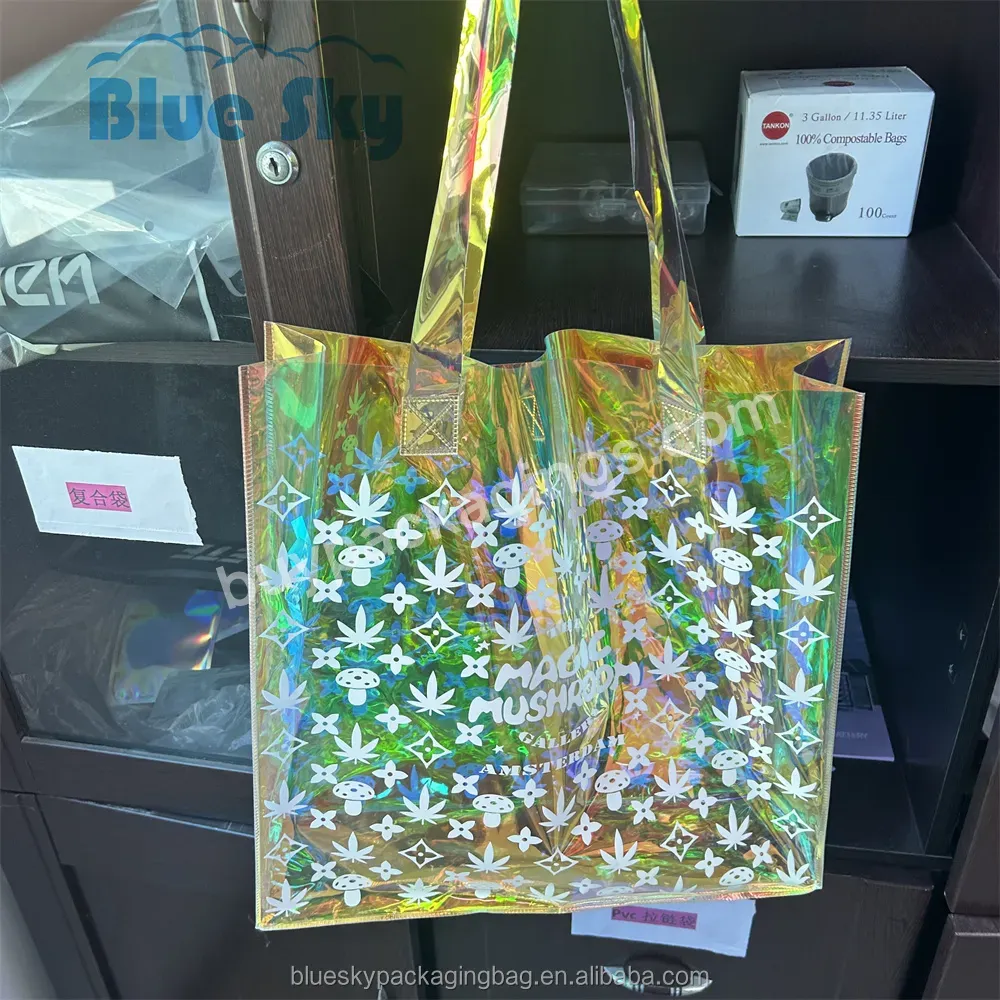 Color Reuse Custom Printed Logo Pvc Holographic Tote Bag Fabric Cosmetic Packaging Plastic Glitter Luminous Tote Bag