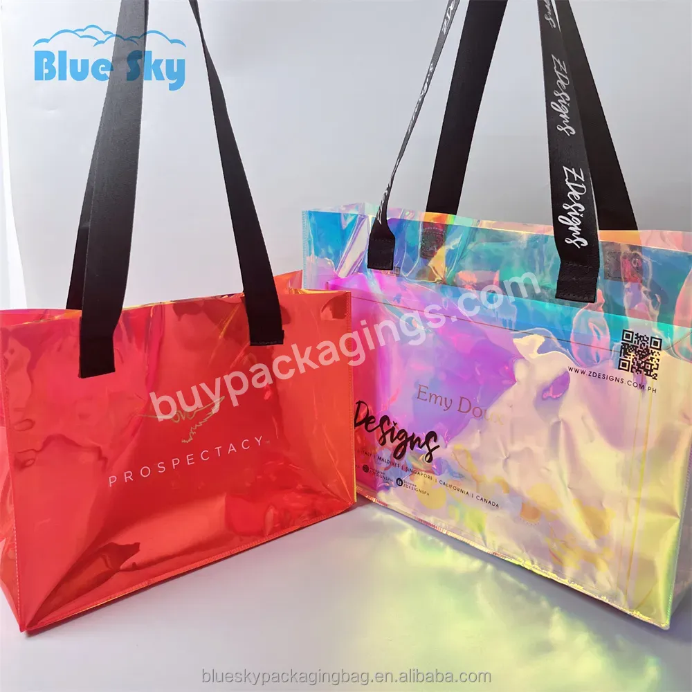 Color Reuse Custom Printed Logo Pvc Holographic Tote Bag Fabric Cosmetic Packaging Plastic Glitter Luminous Tote Bag