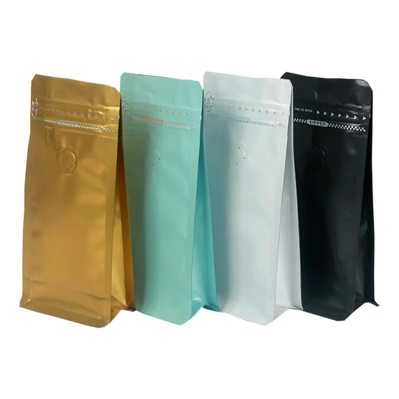 Colorful Printed Plastic Valve Matte Black Value Flat Bottom Quad Seal Aluminum Foil Block Empty Tea Coffee Bag