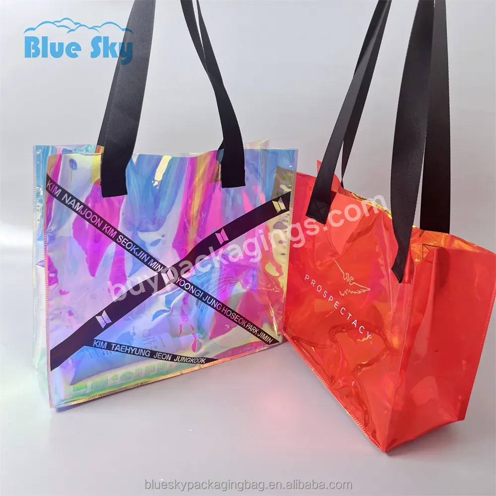 Colorful Sparkle Explosive Glow Holographic Pvc Beach Tote Bag Transparent Laser Tote Bag Transparent Rainbow Shopping With Logo