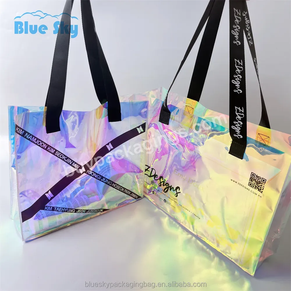 Colorful Sparkle Explosive Glow Holographic Pvc Beach Tote Bag Transparent Laser Tote Bag Transparent Rainbow Shopping With Logo