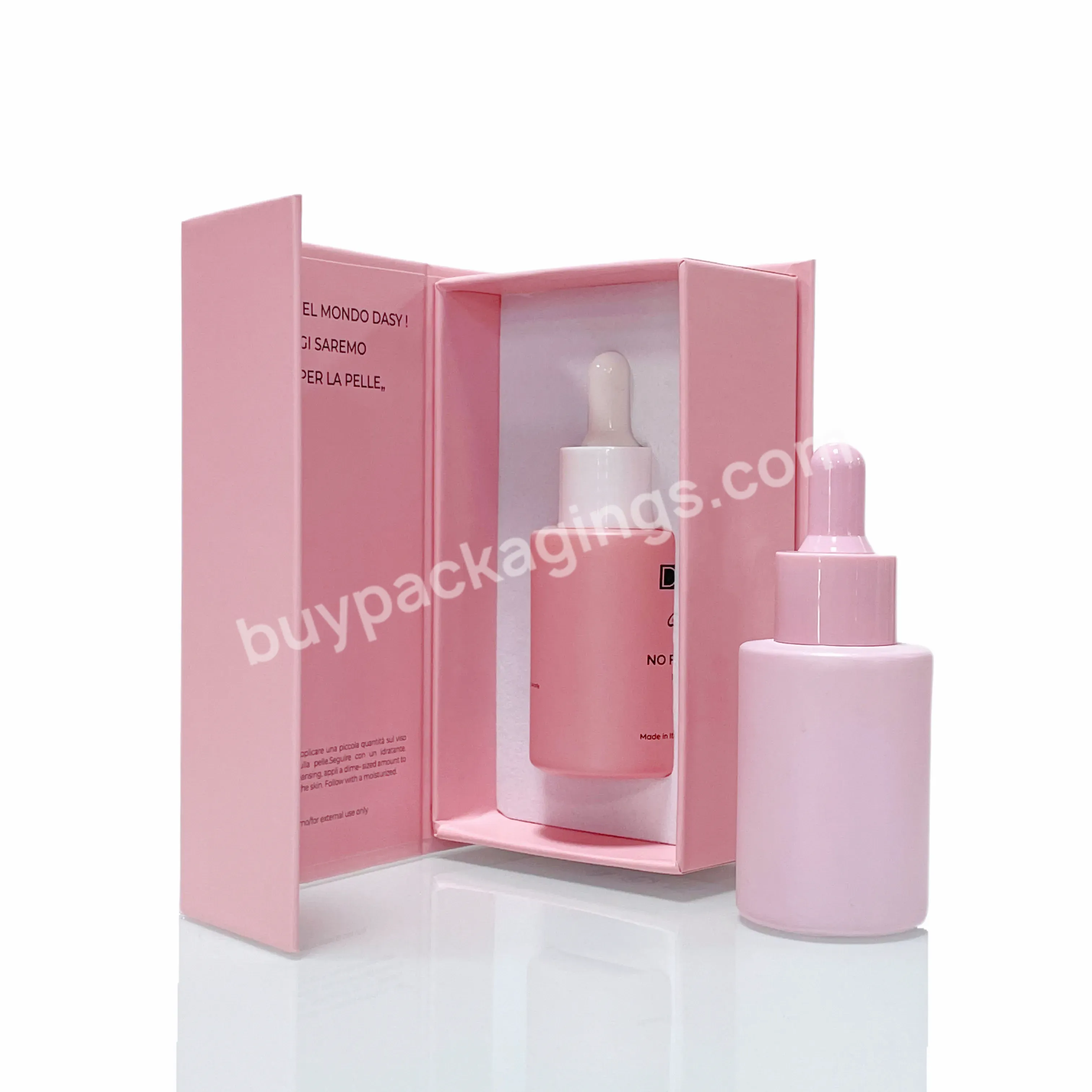 Cosmetic 1 Oz 30 Ml Frosted Pink Flat Shoulder 30ml Face Serum Pump Essential Oil Glass Dropper Bottle With Box