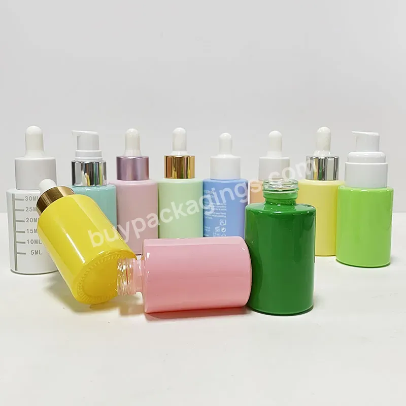 Cosmetic 30ml Packaging Green Pink Yellow Luxury Essential Face Serum Oil Glass Bottle Flat Shoulder Dropper Bottle