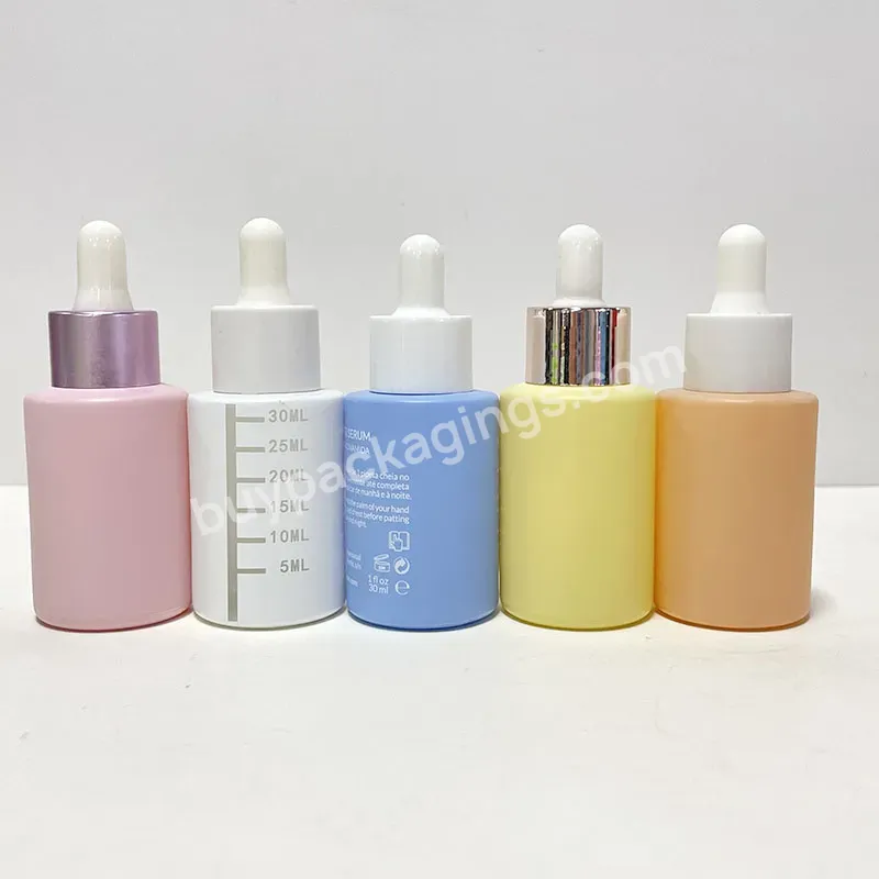 Cosmetic 30ml Packaging Green Pink Yellow Luxury Essential Face Serum Oil Glass Bottle Flat Shoulder Dropper Bottle