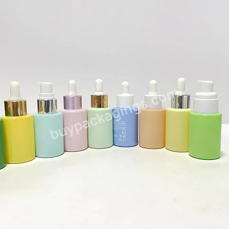 Cosmetic Glass Frosted Green Yellow Blue Pink Dropper Bottle 30ml Personal Care Serum Essential Oil Flat Shoulder Bottles