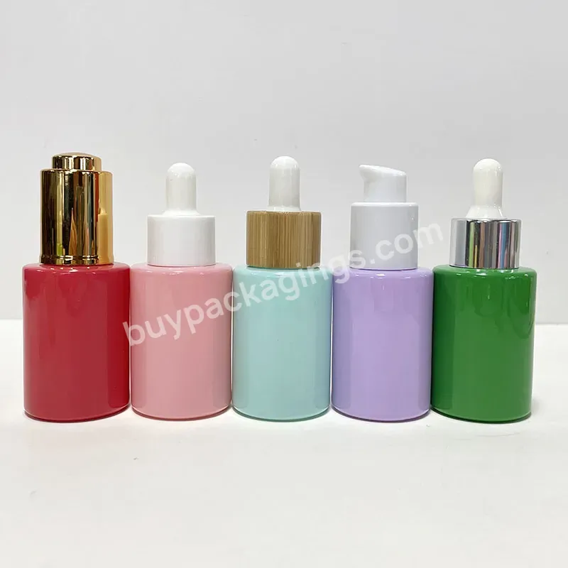 Cosmetic Glass Frosted Green Yellow Blue Pink Dropper Bottle 30ml Personal Care Serum Essential Oil Flat Shoulder Bottles