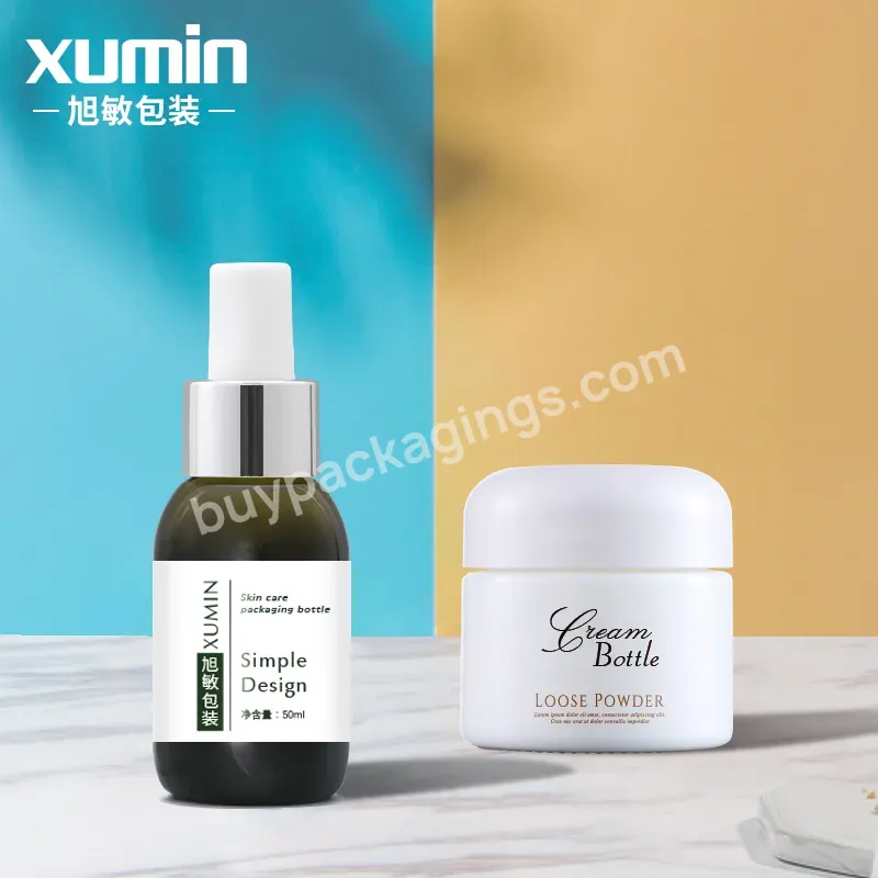 Cosmetic Green Glass Oil Bottle With Dropper 50ml Green Glass Bottle And 50g Cream Jar White Glass Jar Packing