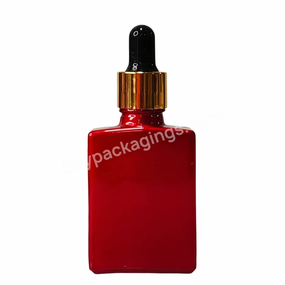 Cosmetic Package Square Red Glass Pipette Flat Serum Bottles 30ml 50ml 100ml Essential Oil Rectangle Glass Dropper Bottle