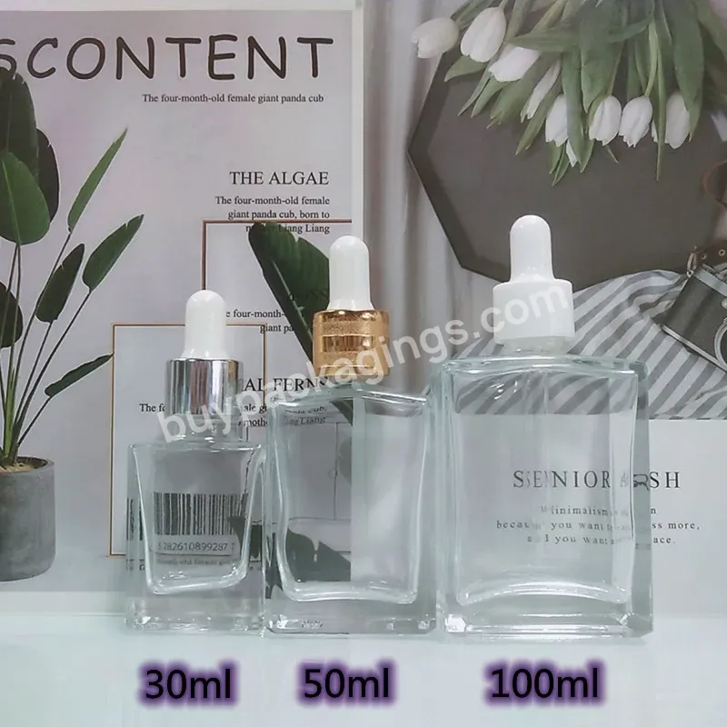 Cosmetic Package Transparent Flat Square Rectangle Glass Dropper Bottles 30ml 50ml 100ml For Essential Serum Oil