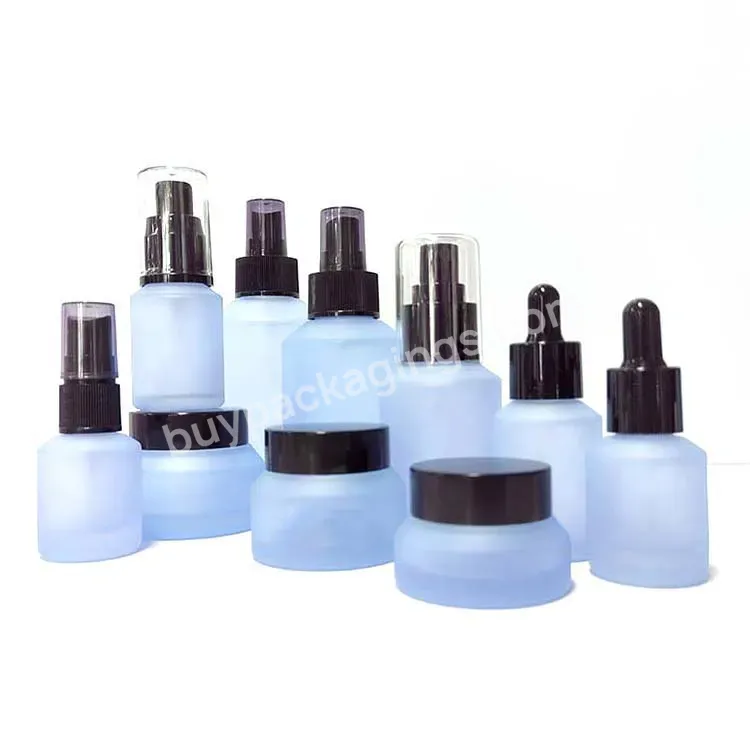 Cosmetic Packaging 15ml-100g Matte Blue Slant Shoulder Glass Bottle With Black Gold Pump Dropper Lotion Bottle And Jar Sets
