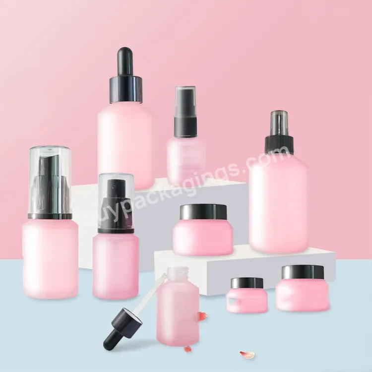 Cosmetic Packaging 15ml 30ml Matte Pink Slant Shoulder Glass Bottle With Gold Pump Dropper Lotion Bottle Cream Jar Sets