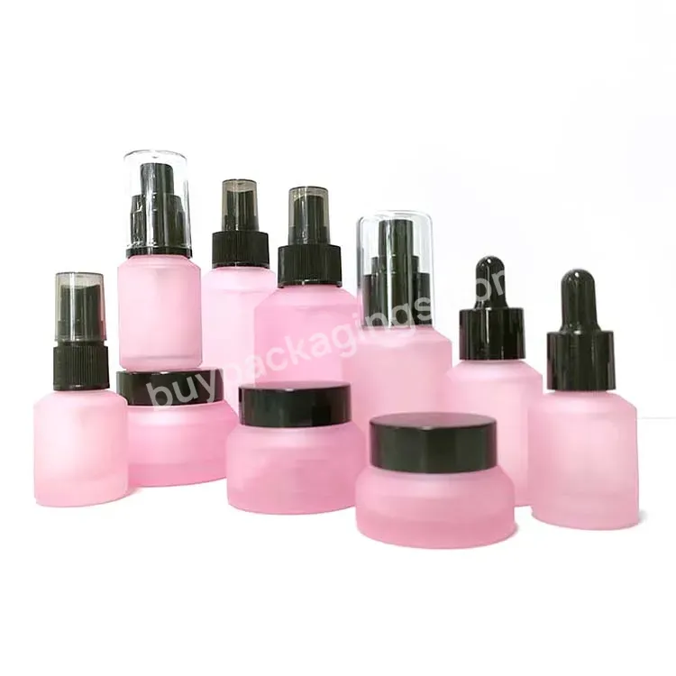 Cosmetic Packaging 15ml 30ml Matte Pink Slant Shoulder Glass Bottle With Gold Pump Dropper Lotion Bottle Cream Jar Sets