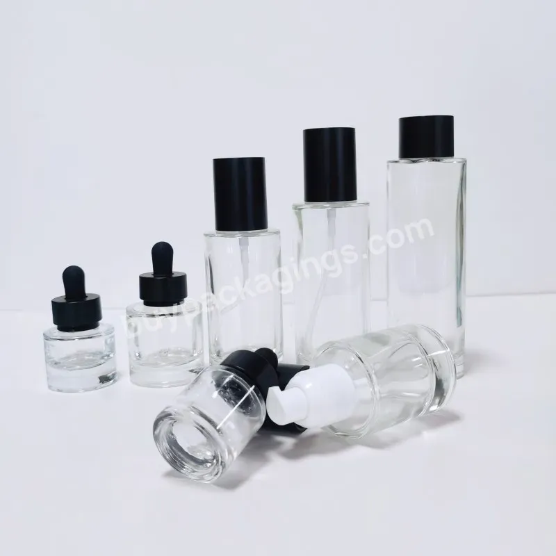 Cosmetic Packaging Containers Empty Transparent Lotion Face Cream Glass Jar Bottle Set With Black Lid