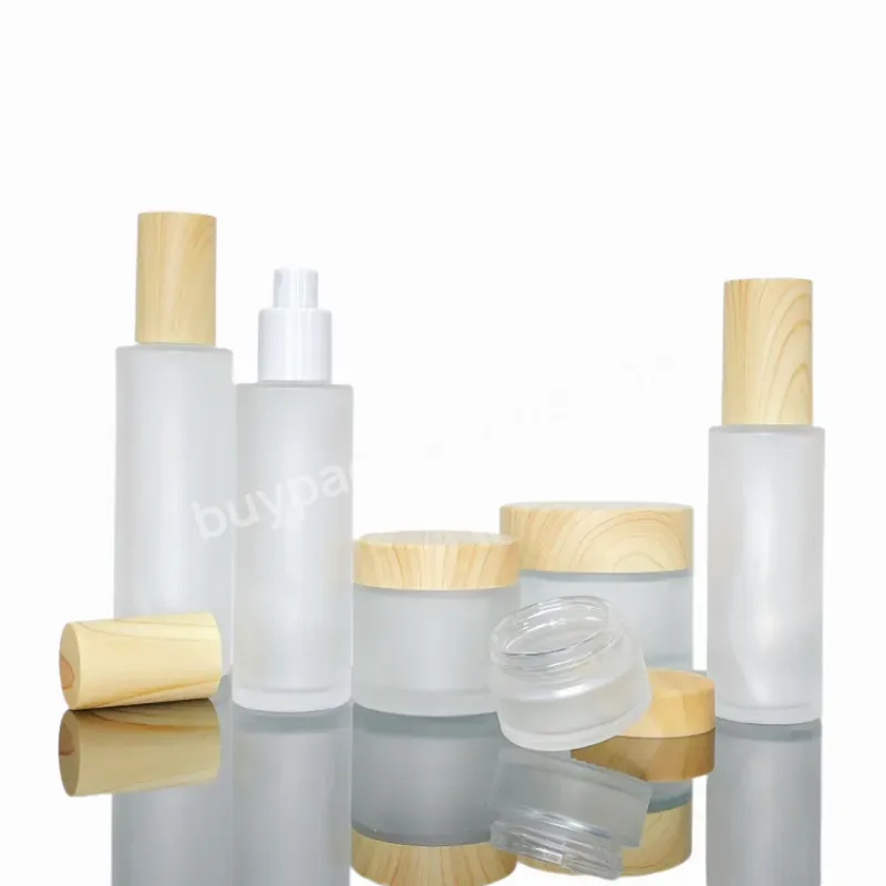 Cosmetic Packaging Set Full Size Frosted Glass Bottles For Lotion With Wood Grain Cover Bamboo Cosmetic Packaging Bamboo Lid