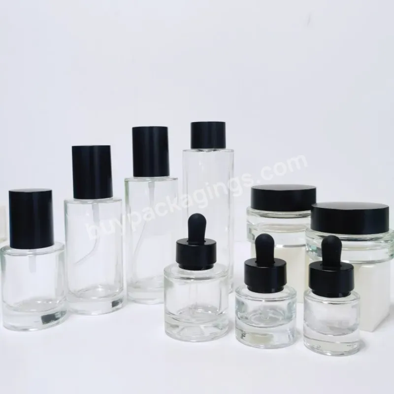 Cosmetic Packing Bottle Set 10ml-150ml Flat Shoulder Transparent Empty Lotion Pump Spray Glass Bottle With Black Cap