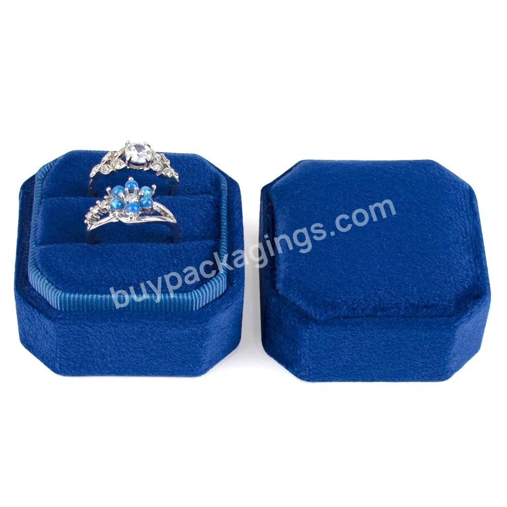 Creative design custom blue velvet square octagon double ring box packaging jewellery mini ring boxes velvet jewelry box