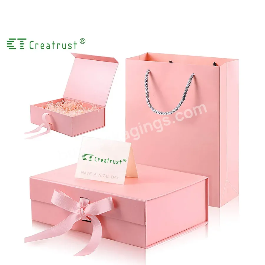 Creatrust Eco Friendly Custom Logo Gift Bags Matte Laminated Boutique Private Label Elegant Pink Paper Bag With Gold Ribbon