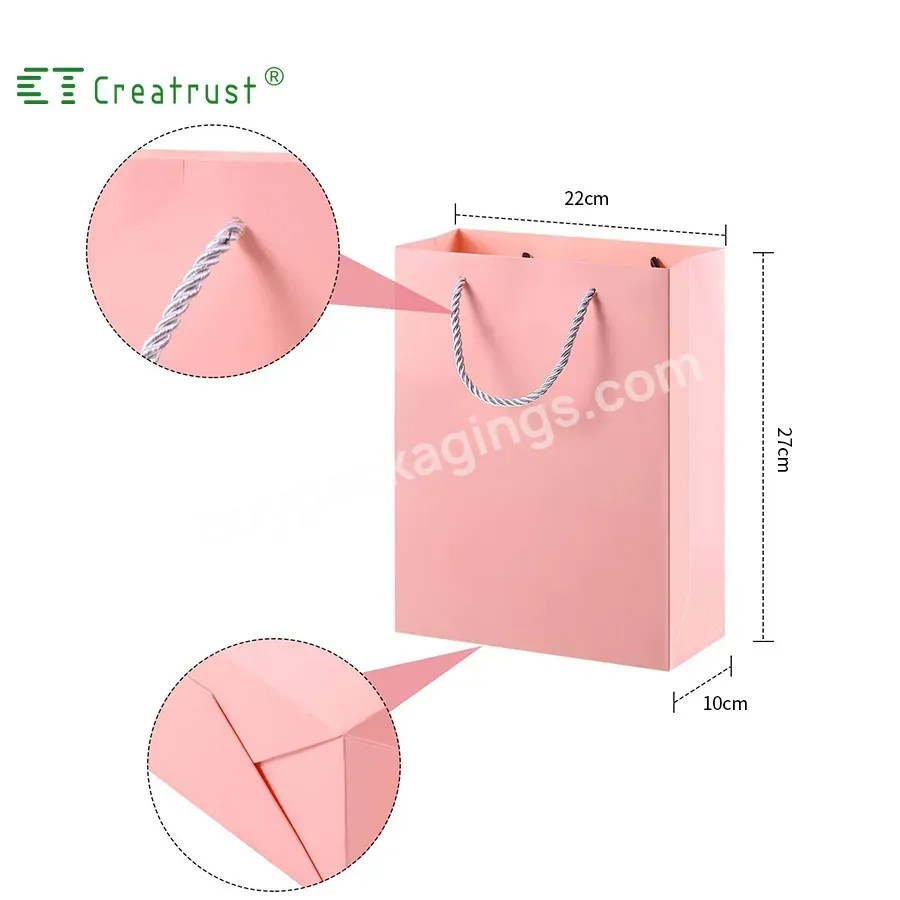 Creatrust Eco Friendly Custom Logo Gift Bags Matte Laminated Boutique Private Label Elegant Pink Paper Bag With Gold Ribbon
